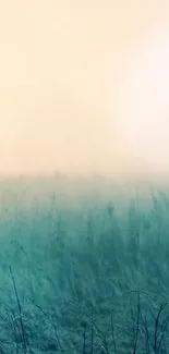 Misty field with soft teal and peach tones creating a calming effect.