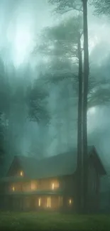 Misty forest with a cozy cabin illuminated among tall trees.