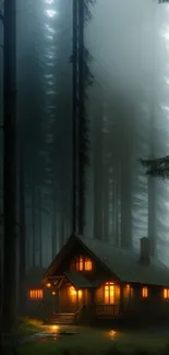 Cozy cabin glowing in misty forest at dusk.