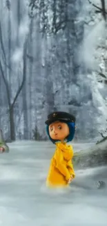 Cartoon character in misty forest with yellow coat.