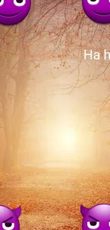 Misty forest path with devil emojis and autumn foliage.