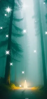 Mystical forest scene with glowing triangle light.