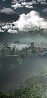 Misty forest mountain with clouds over lush greenery.