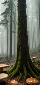 Misty forest with tall trees and mushrooms on the forest floor.