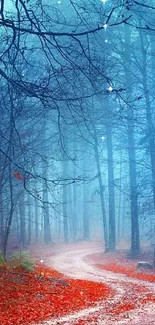 Misty forest path with red leaves and blue horizon, perfect for mobile wallpaper.