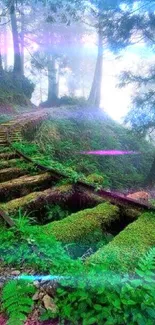 Misty forest path with lush green foliage and wooden tracks, creating a serene atmosphere.