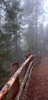 Misty forest path with wooden railing and lush greenery.