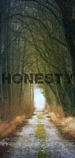 Misty forest path with trees arching overhead and 'honesty' text.