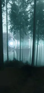 Misty forest with glowing sci-fi object.