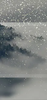 Misty forest with snowfall and grey tones.