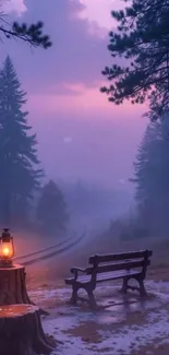 Misty forest with sunset and glowing lantern by a bench.
