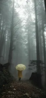 Person with yellow umbrella in misty forest.