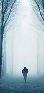 Lone figure walking in a misty forest path under blue-grey hues.