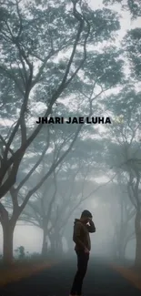 Misty forest pathway with lone person.