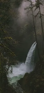 A misty forest waterfall amidst lush greenery for mobile wallpaper.