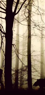 Silhouette of deer in a mystical forest with high trees and fog.