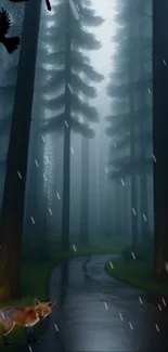 Misty forest with a fox on a path and birds flying above.