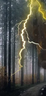 Misty forest with bright lightning strikes under a dark sky.