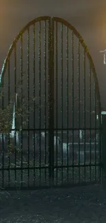 Eerie gothic gate surrounded by mist at night.