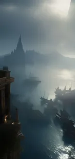 Misty harbor with gothic structures and boats at dawn, in a serene, mystical setting.