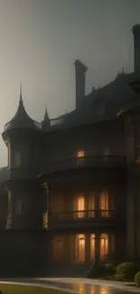 Misty gothic mansion with warm glowing lights at dusk.