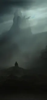 Foggy dark landscape with a lone figure and mountainous silhouette.