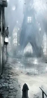 Misty gothic street with an eerie, dark ambiance and ethereal architecture.