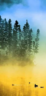 Misty lake at sunrise with ducks and pine trees in a serene landscape.