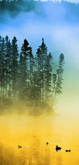 A misty forest with ducks on a golden lake at sunrise.