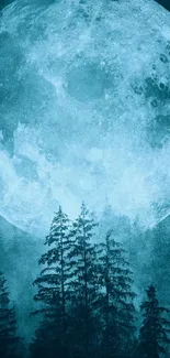 Misty forest with a large blue moon adorning the night sky.