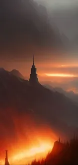 Fantasy mountain scene with sunrise, orange glow, and misty atmosphere.