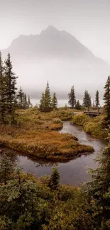 Peaceful misty mountain with lush evergreen trees and serene river scene.