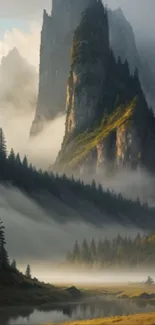 Misty mountain landscape with forest and valley.