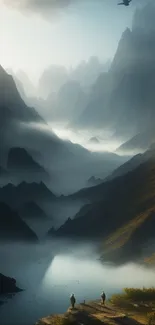 Misty mountain landscape with a serene valley and flying bird.