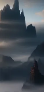 Misty mountain peaks with a mystical, foggy atmosphere.