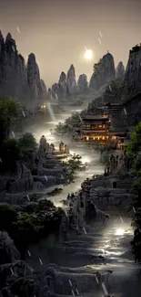 Misty mountain landscape with traditional Chinese architecture and greenery.