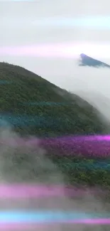 Misty green mountain with light streaks under cloudy sky.