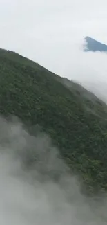 Misty mountain landscape with lush green vegetation.