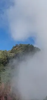 Misty mountain with fog and blue sky in wallpaper.