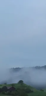 Misty mountain with fog and greenery, perfect for phone wallpaper.