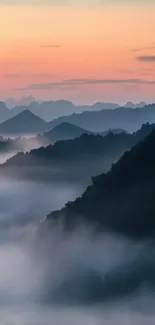 Misty mountain sunrise with vibrant colors.