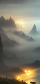 Misty mountains at sunrise with soft sunlight and serene landscape.