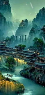 A mystical mountain village shrouded in mist and illuminated by moonlight.