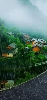 Misty village on a mountain road with lush greenery and fog.