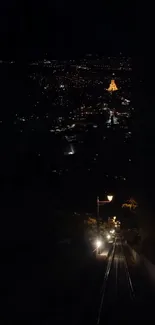 Cityscape at night with glowing lights and a dark skyline.