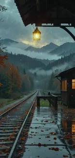 Misty railway platform during autumn evening.