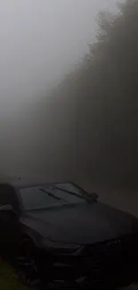 Dark luxury car on misty forest road.