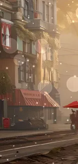 Misty street scene with red umbrella and charming buildings.