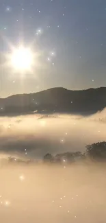 Sunrise over misty mountains with golden light.