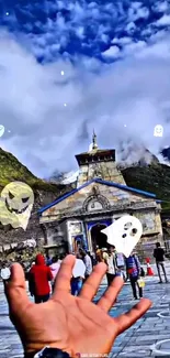 Hand reaching towards a misty temple amidst clouds.